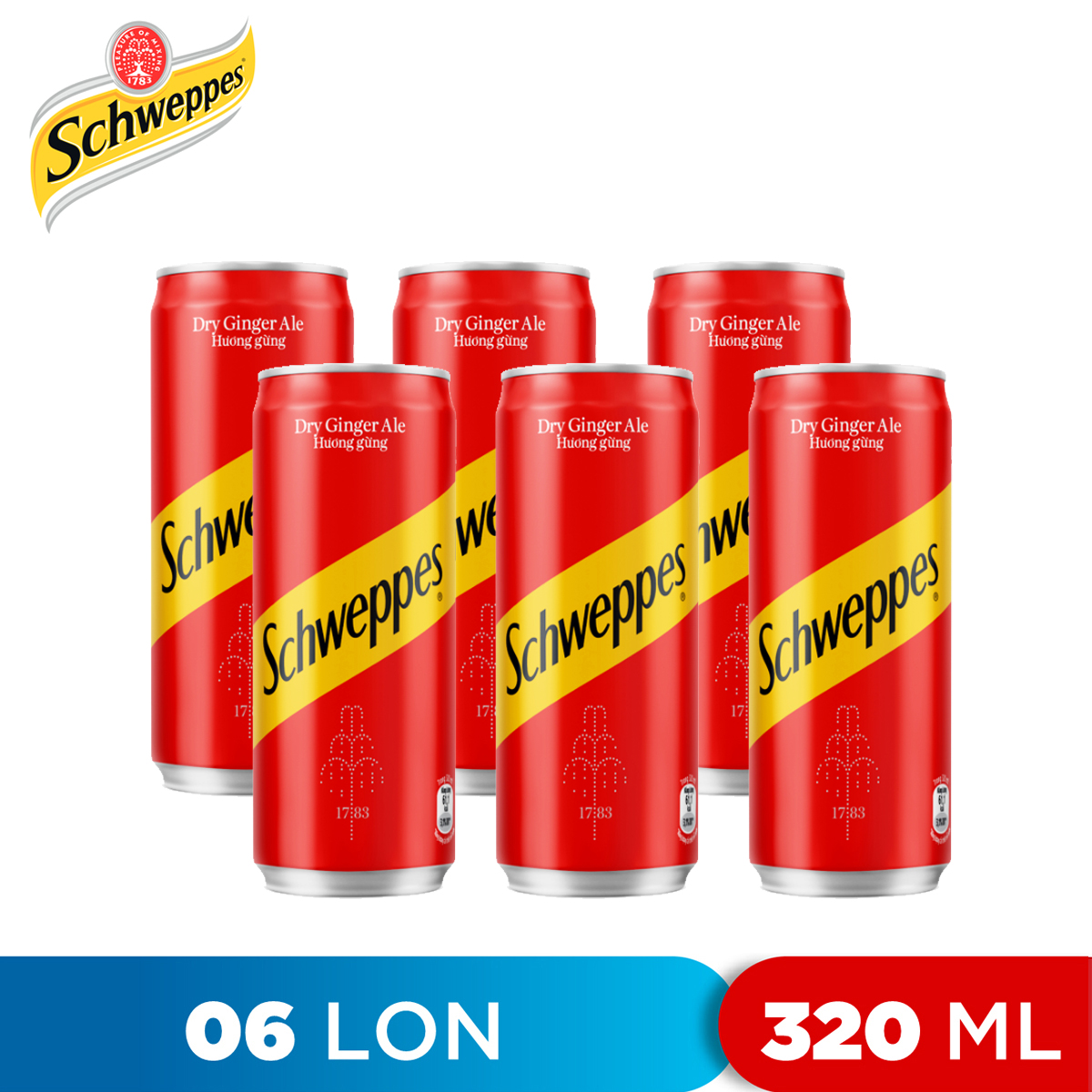 Lốc 6 lon nước soda hương gừng dry ginger ale schweppes 320ml