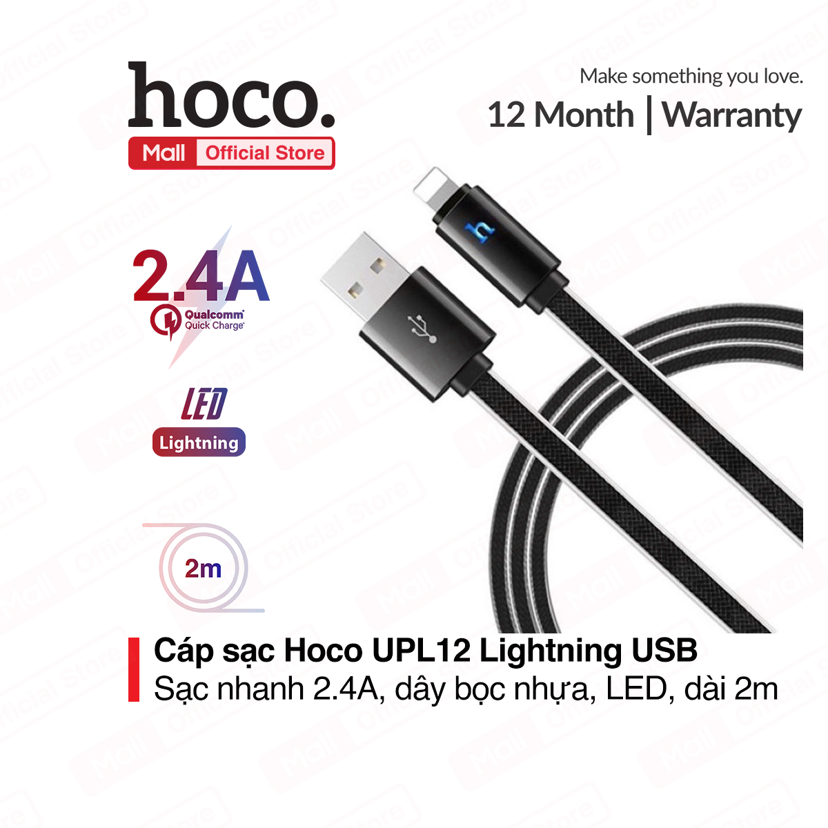 Cáp sạc Lightning Hoco UPL12 cho iPhone/iPad iPhone XS max iPhone 11 iPhone 11 Pro max chống rối chống đứt  có đèn LED báo sạc dài 200cm
