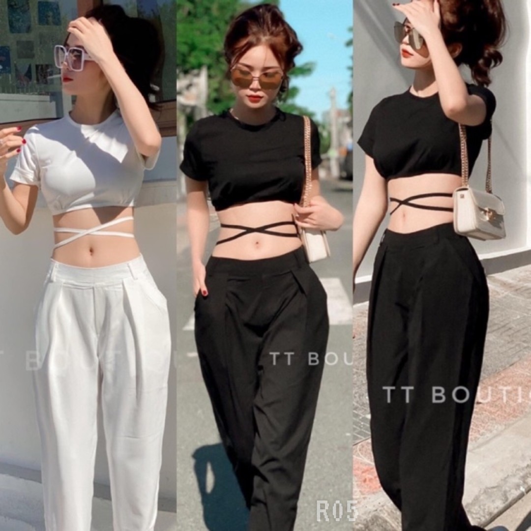 Sét bộ áo croptop đan dây quần ống suông-ZU