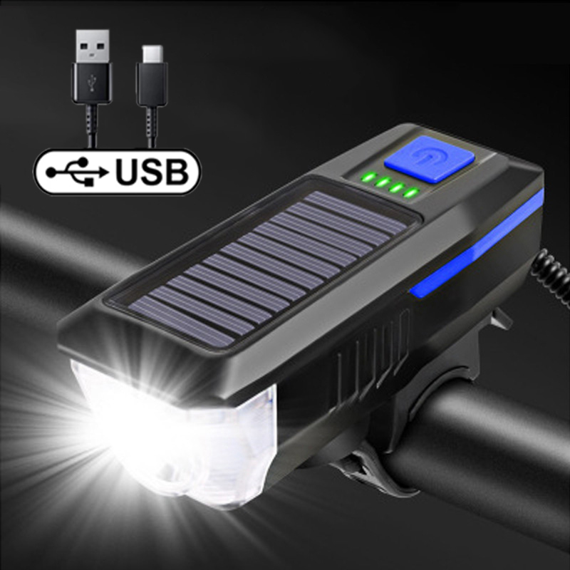 Front LED Mountain Bike Light 3 Modes Solar Charging Waterproof USB Rechargeable