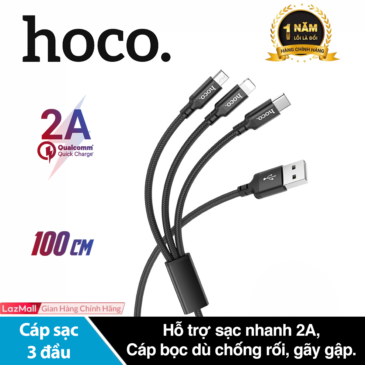 Cáp sạc đa năng 3 đầu Hoco X14 hỗ trợ sạc nhanh 2A cáp bọc dù siêu bền chống gãy gập dài 100cm