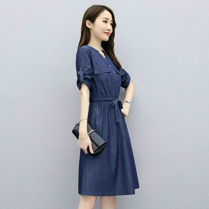 [HCM]Đầm Jean Nữ Thắt Dây Eo Thời Trang