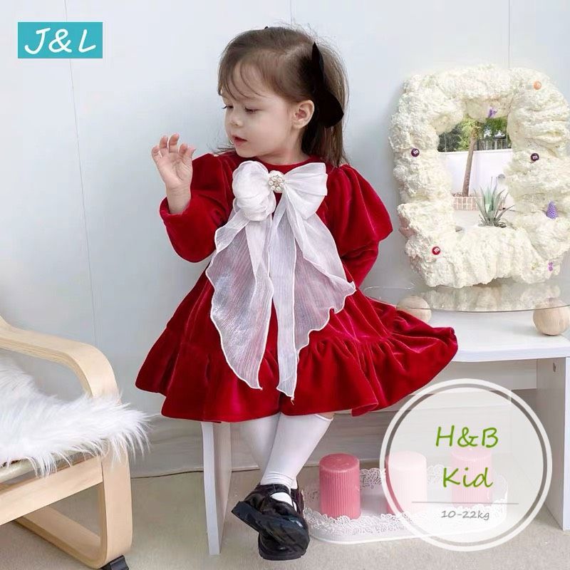 Váy nhung đỏ nơ voan trắng