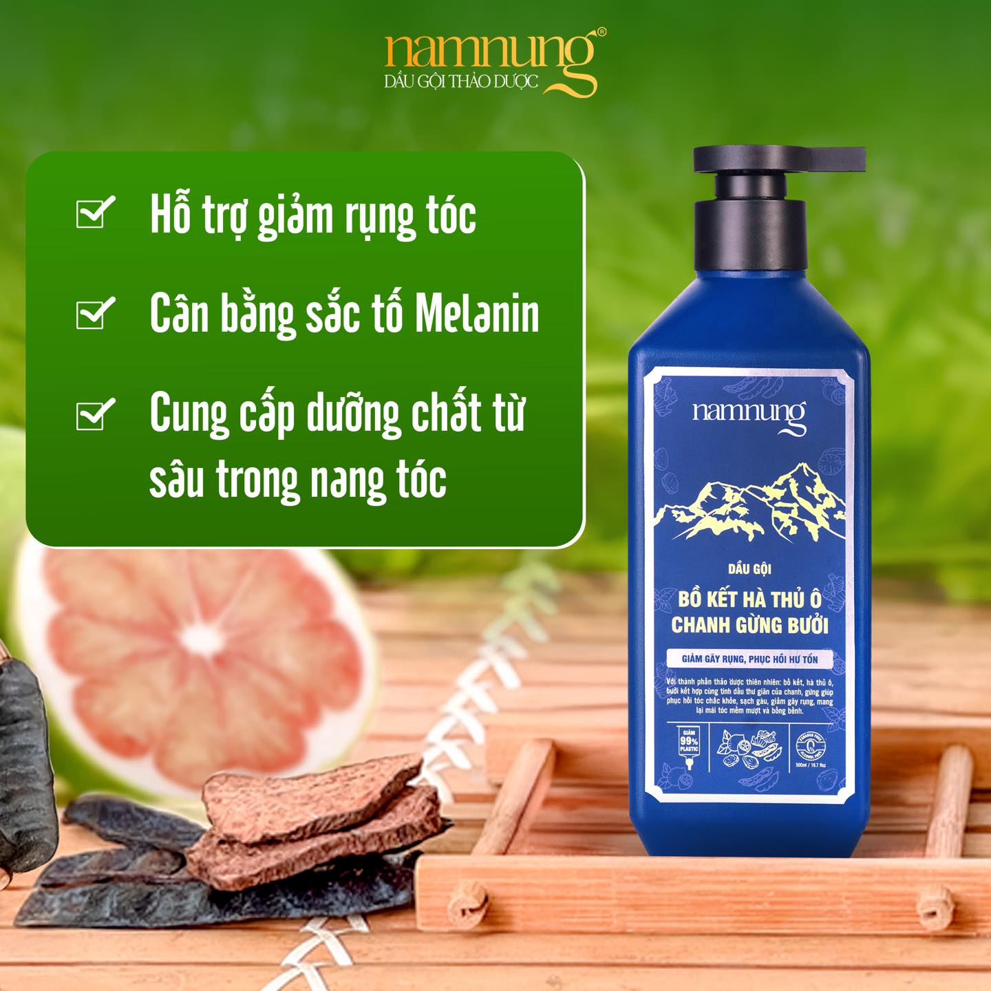 COMBO Dầu Gội+dầu xả NAMNUNG Thảo Dược Bồ Kết Giảm Gàu Ngứa Giảm Rụng Dưỡng Tóc Mềm Mượt 500Ml