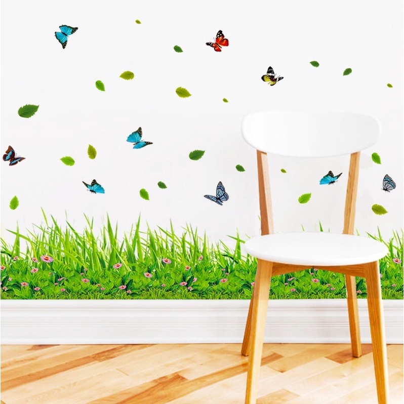 Decal dán chân tường cỏ xanh và lá bay