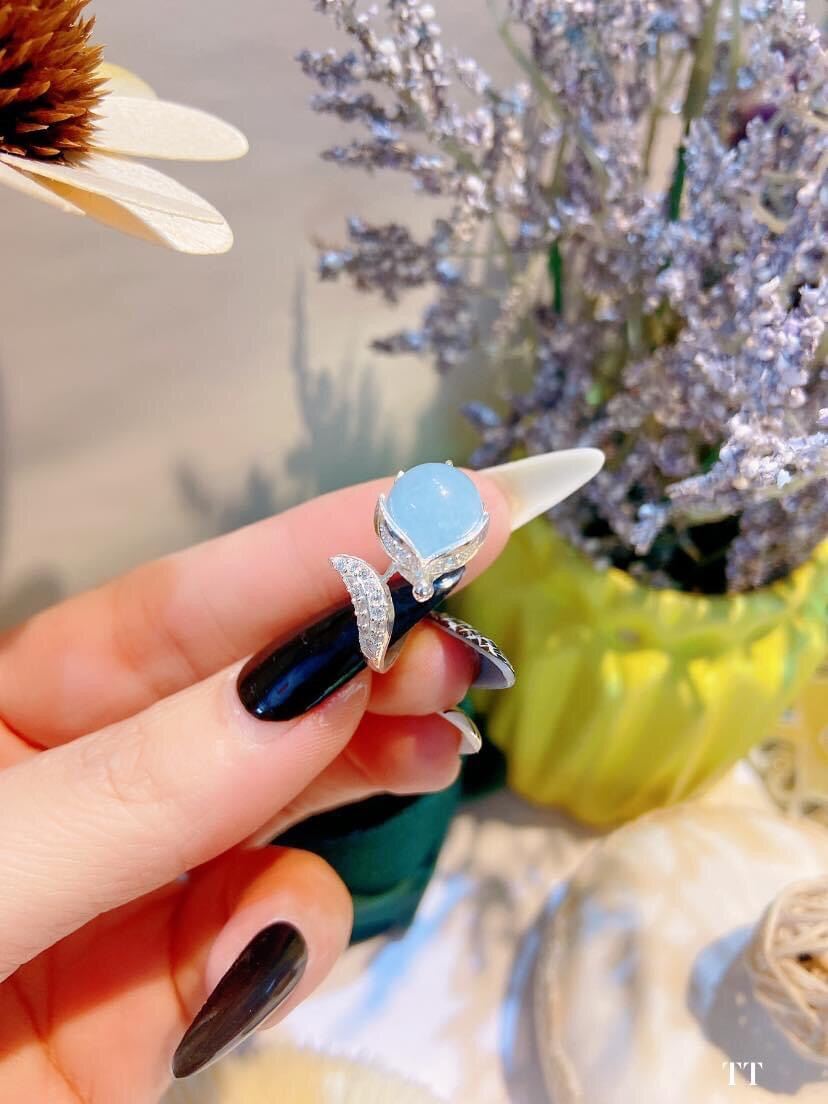 Nhẫn hồ ly đá aquamarine tự nhiên bọc bạc, nhẫn đá phong thuỷ hợp mệnh thuỷ, trang sức thiets kế đủ hoá đơn thẻ bảo hành