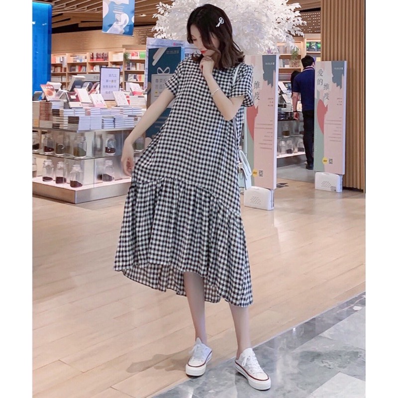 Đầm caro đuôi cá lệch tà