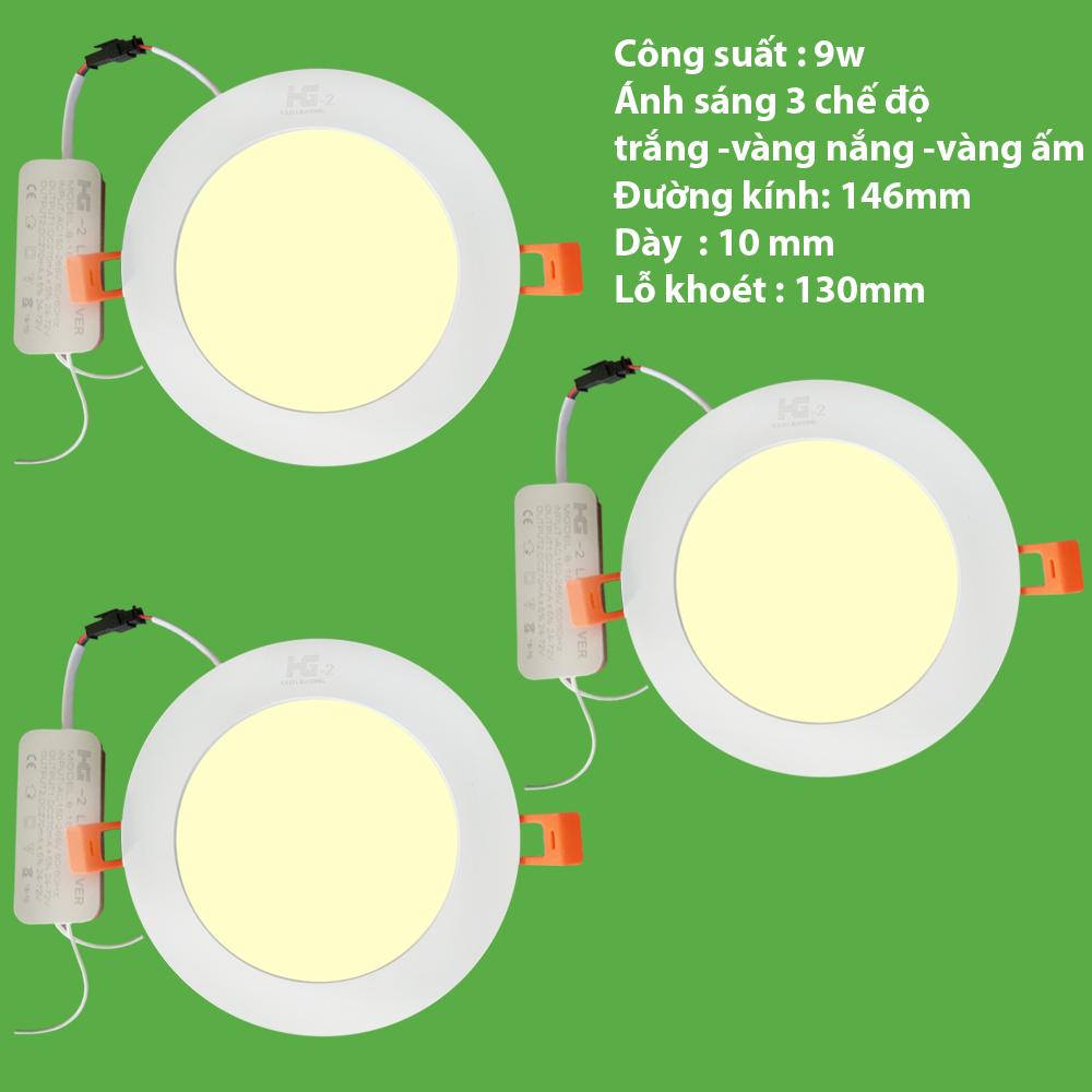 Bộ 3 đèn led âm trần 9w tròn viền trắng 3 chế độ
