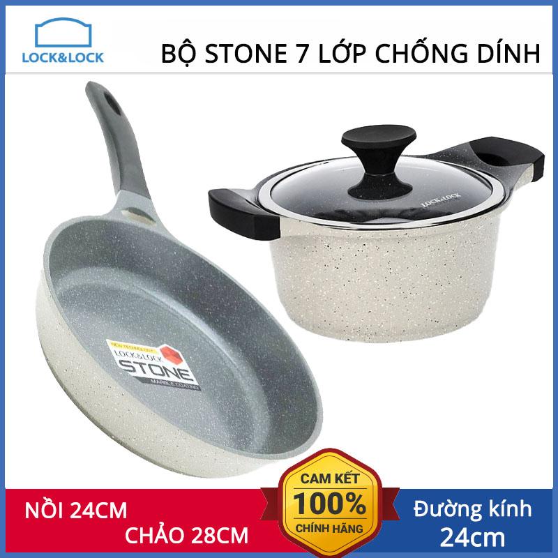 BỘ NỒI CHẢO VÂN ĐÁ CHỐNG DÍNH ĐÁY TỪ CAO CẤP LOCK&amp;LOCK VITAMIN STONELCA6244DS02 LG(24-28CM)-KM LG