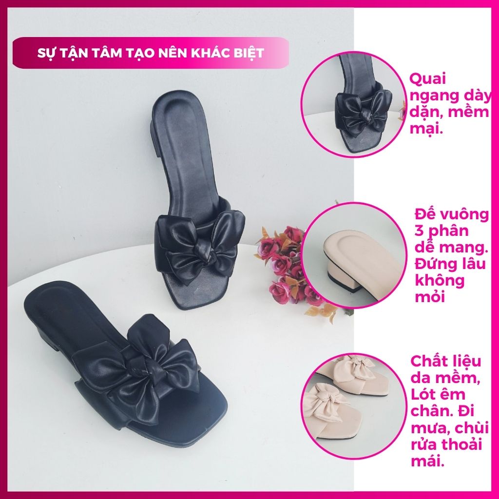 Dép cao gót nữ 3p đế vuông quai ngang phối nơ kiểu đẹp hàn quốc giá rẻ đi tiệc chơi làm đều được có màu đen trắng kem mã G3QNO PinkShopGiayDep