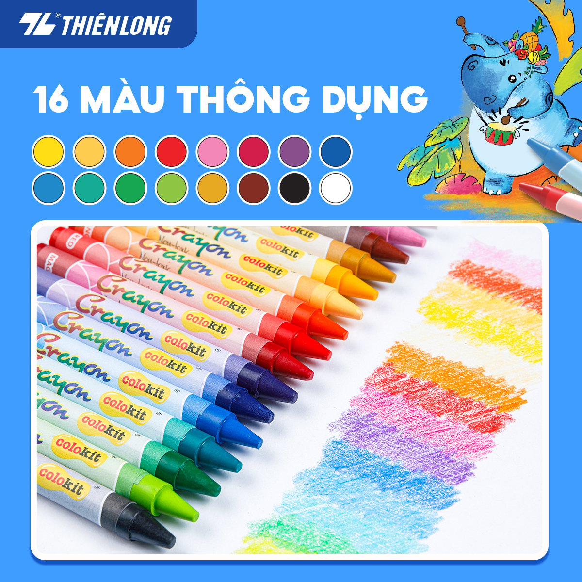 Bút sáp màu Thiên Long Colokit 16 màu mịn, ít bụi, đều màu an toàn cho bé tô màu, vẽ tranh CR-C08
