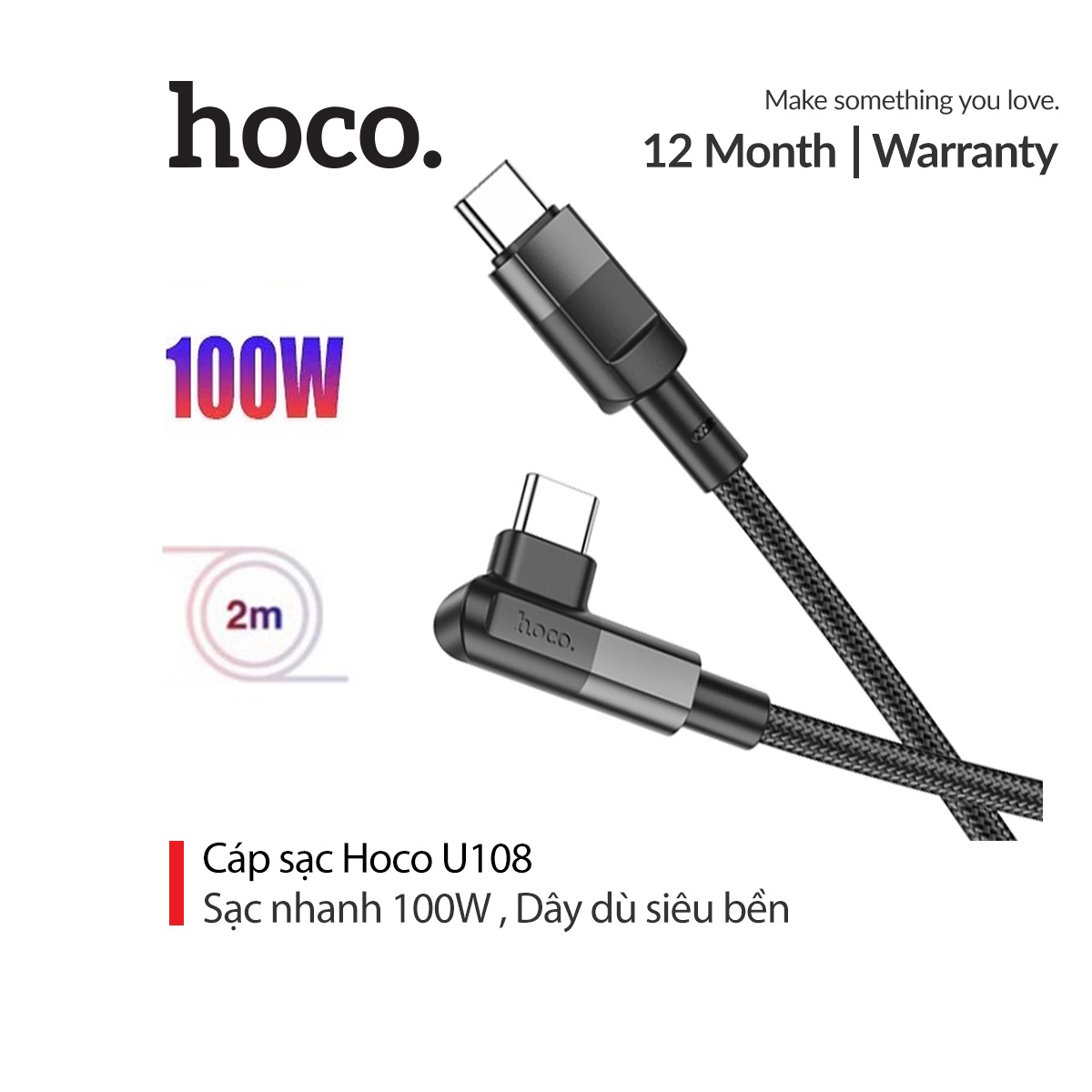 Cáp sạc 100w hoco u108 type-c to type-c đầu sạc 90 độ dây dù siêu bền dài 2m