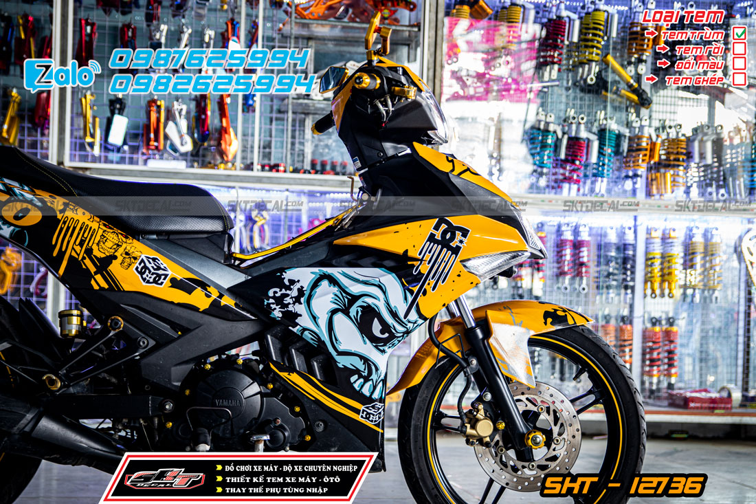tem trùm exciter 150 đầu lâu vàng đen