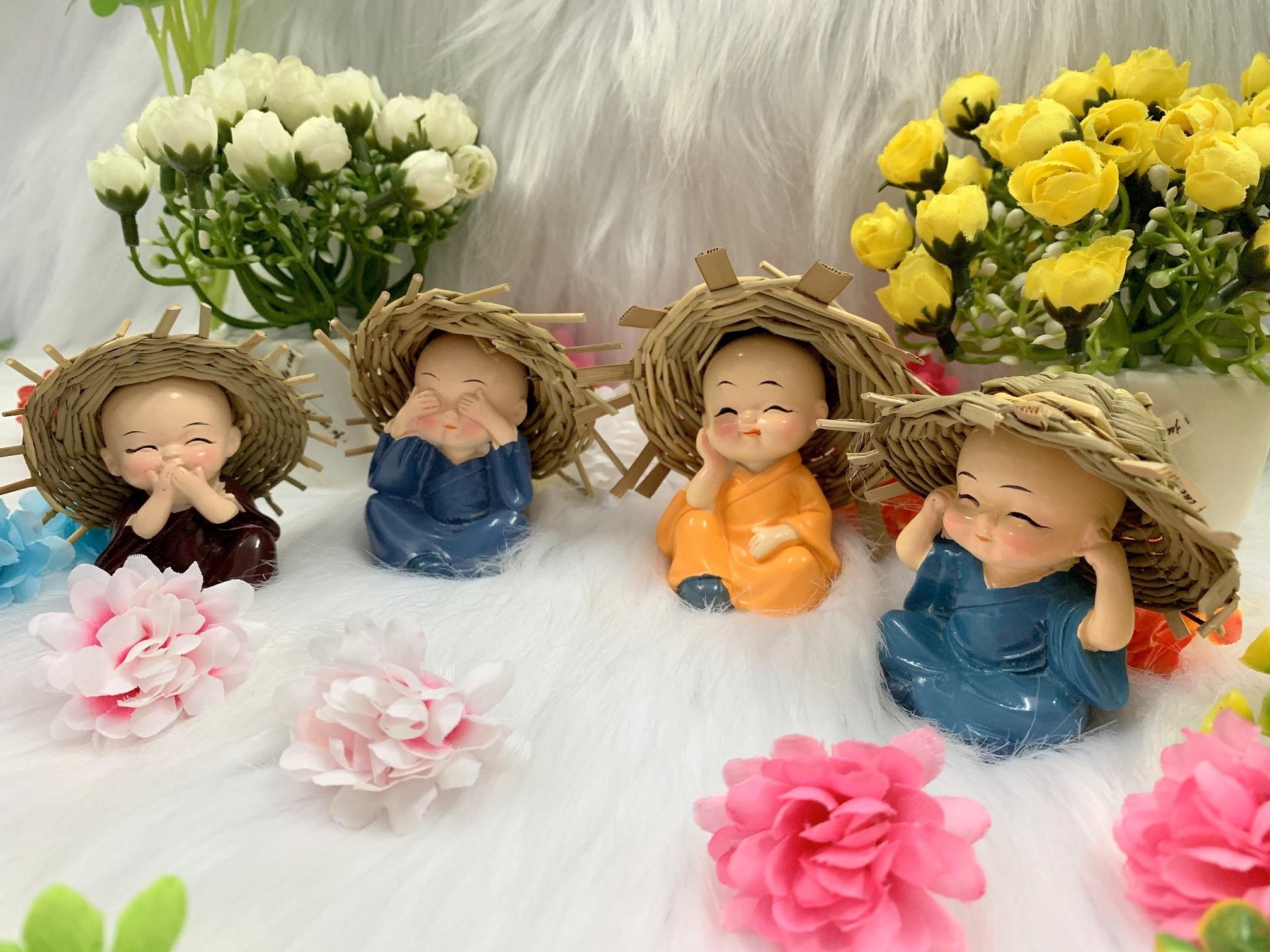 [HCM]Bộ 4 tượng chú tiểu Tứ Không đội nón rơm