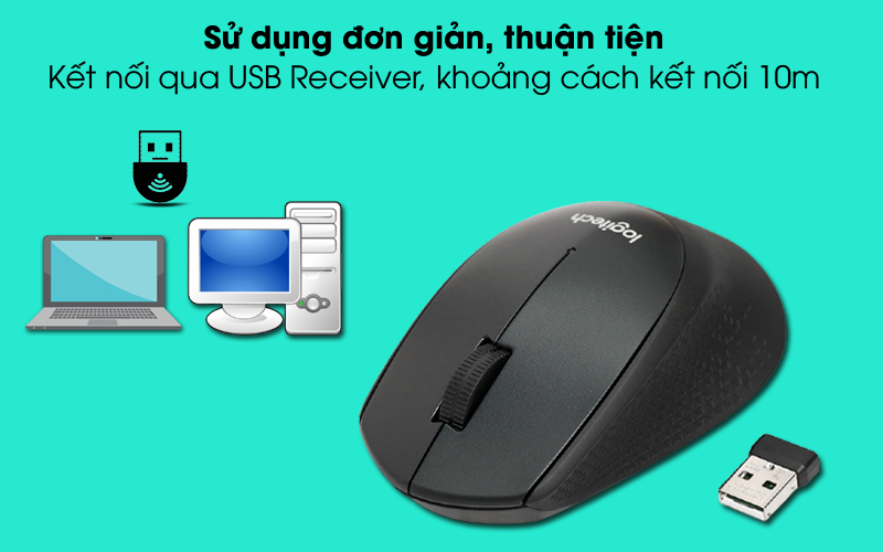 Chuột không dây Yên lặng Logitech M331 Silent Plus - Kết nối cổng USB - Bảo hành 12 tháng