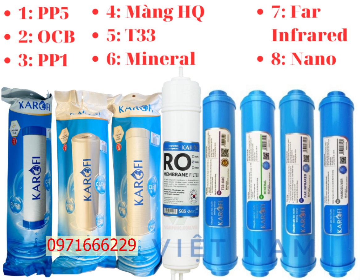 Combo bộ lõi lọc nước Karofi từ 1 đến 8 cấp
