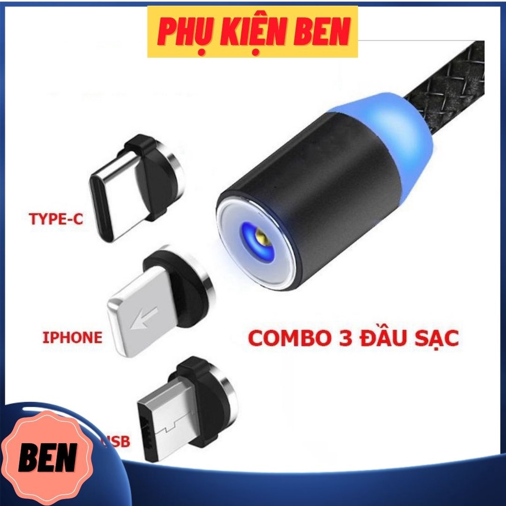 Cáp Sạc Nam Châm 3 Đầu - Xoay 360 Độ Lightning/ Android / Type C