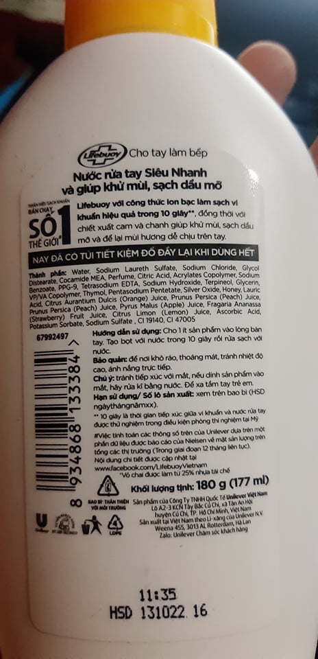 Nước rửa tay Lifebuoy 180g (177ml)