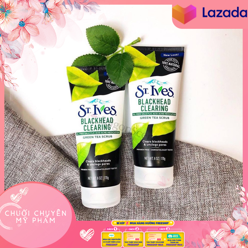 Sữa rửa mặt tẩy tế bào chết trà xanh làm giảm mụn đầu đen stives 170g blackhead clearing scrub green tea