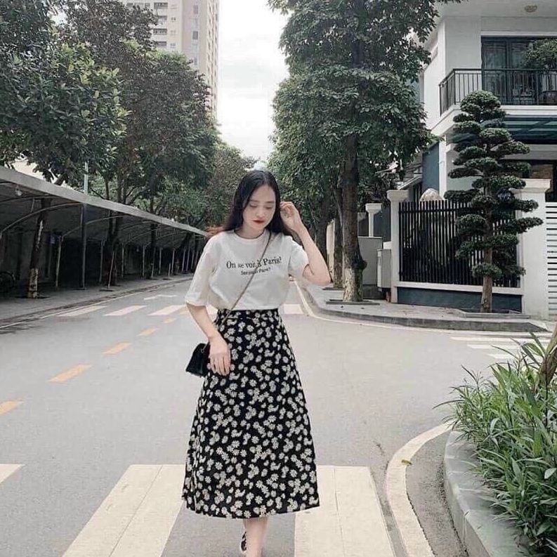Set đồ nữ aó thun cotton phối chân váy đũi họa tiết bông cúc họa mi cực kì xinh xắn qcs