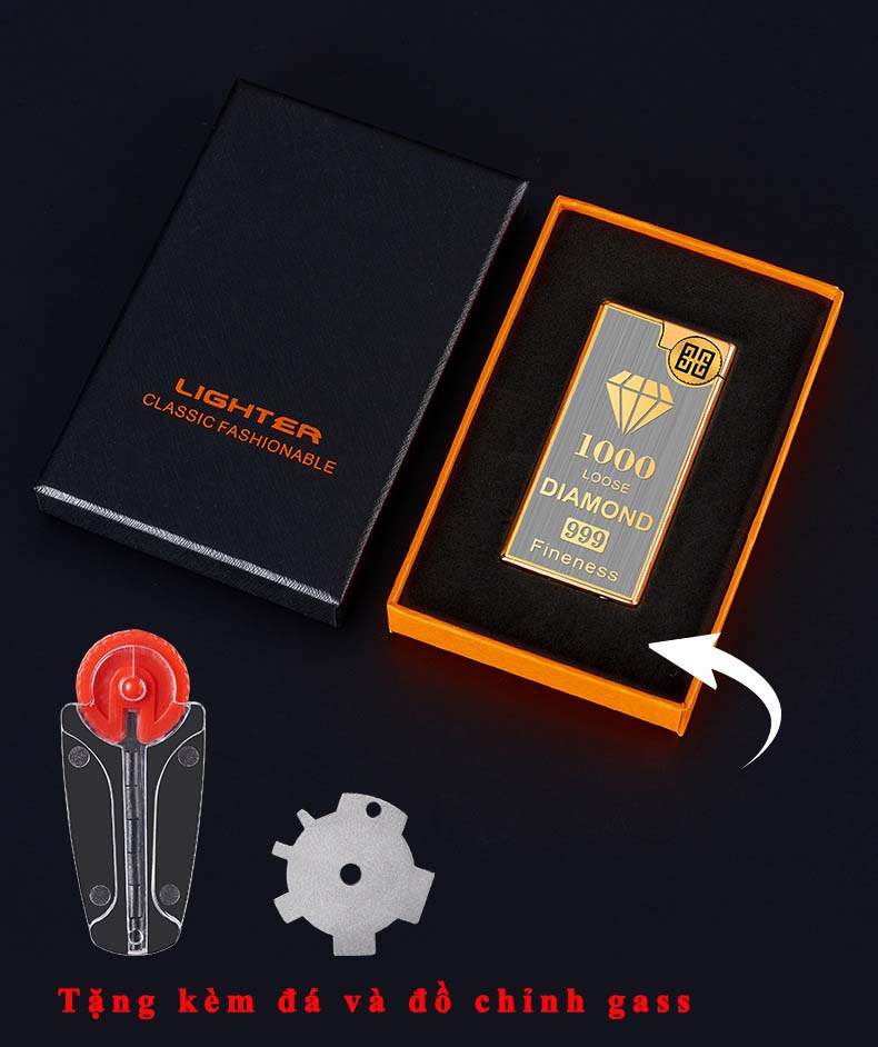 Bật lửa ga mạ vàng khắc hình kim cương
