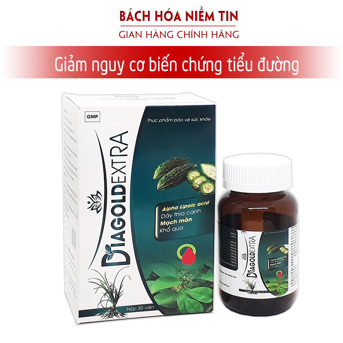 Viên uống giảm tiểu đường DIAGOLD EXTRA - giảm đường huyết, giảm nguy cơ biến chứng tiểu đường - Thành phần dây thìa canh, khổ qua hiệu quả an toàn - Hộp 30 viên chuẩn GMP