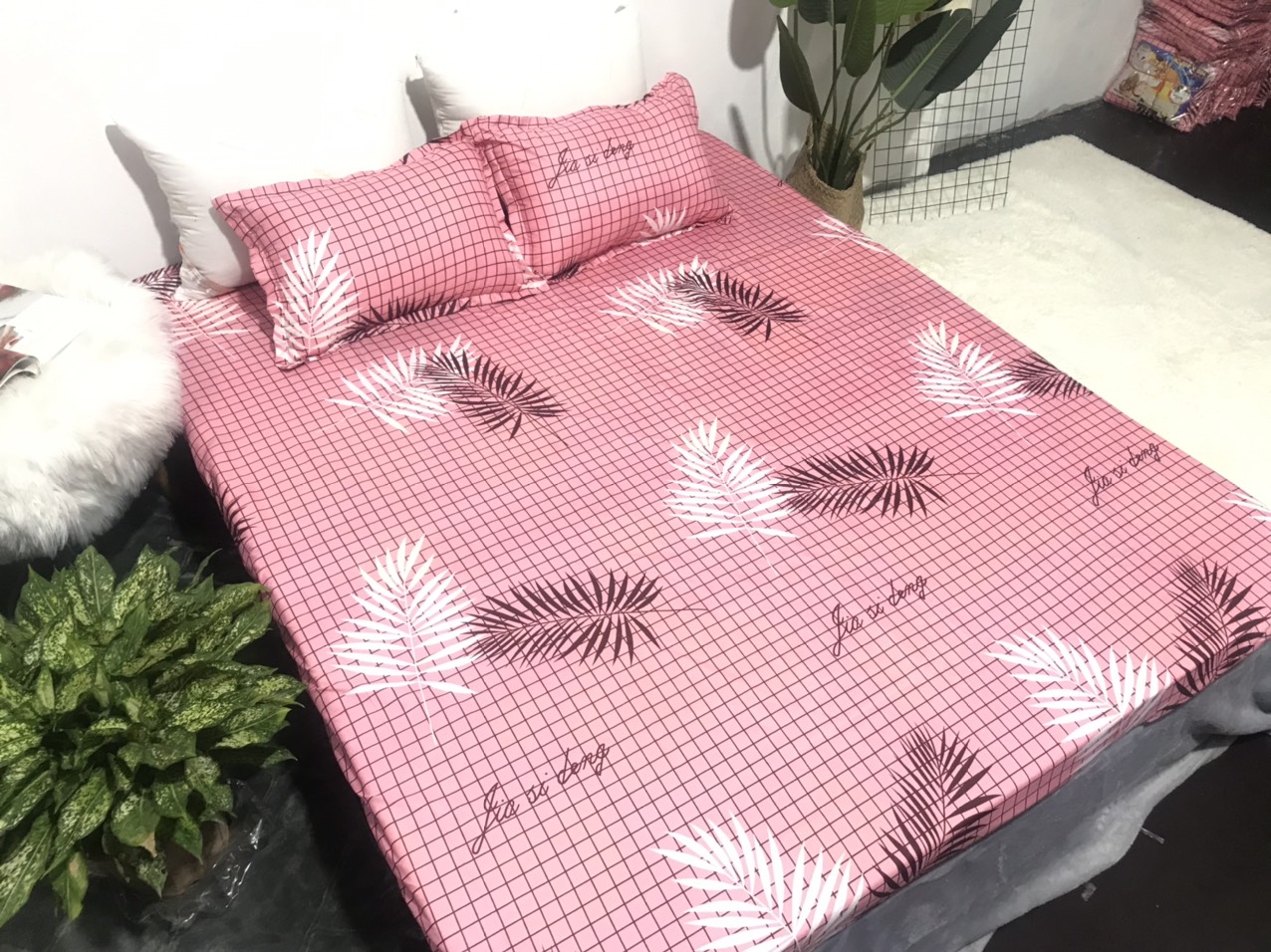 Set Ga Gối Mẫu Lá Cọ Hồng CHM3