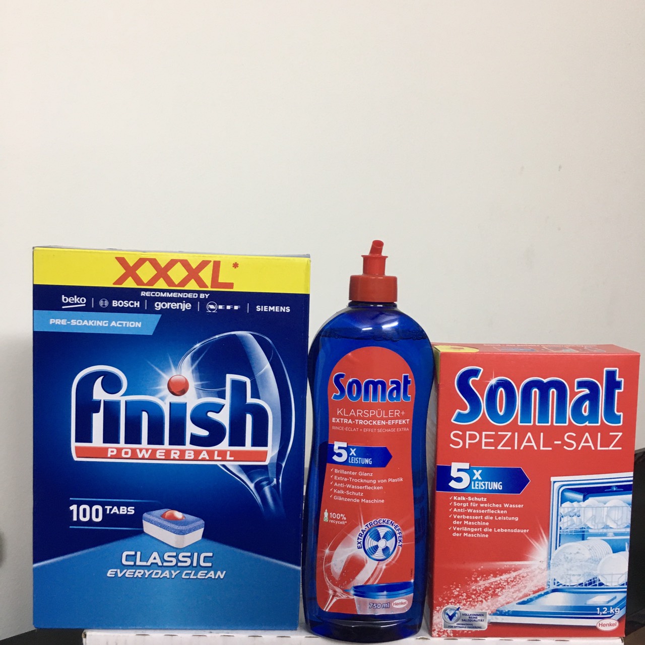 bộ 3 sản phẩm dùng cho máy viên rửa chén bát finish 100 viên , Muối somat 1.2kg  và bóng somat  750ml