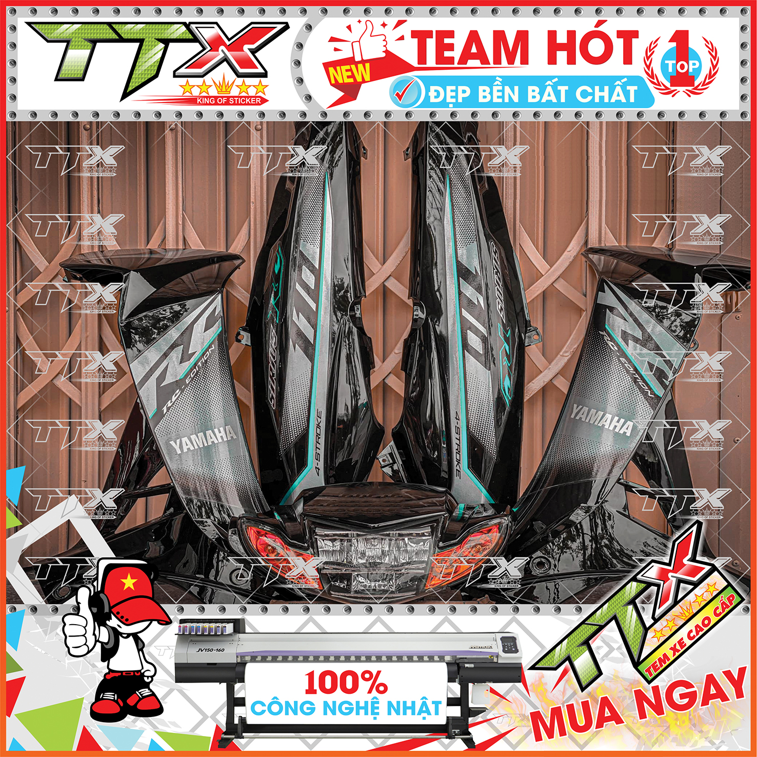 Tem rời sirius rc 110 , Team chế sirius dán xe màu đen xám xi chỉ xanh bao đẹp , Shop TTX Tem xe sirius