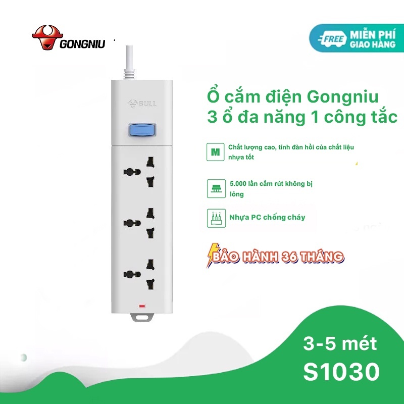 Ổ Cắm Điện Gongniu Chống Sét - 3 Ổ 1 Công Tắc-Công Suất 10A/250/2500W – Trắng – Chính Hãng (S1030)