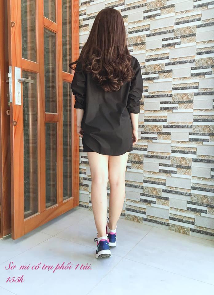 Sơ mi tay dài cổ trụ đen