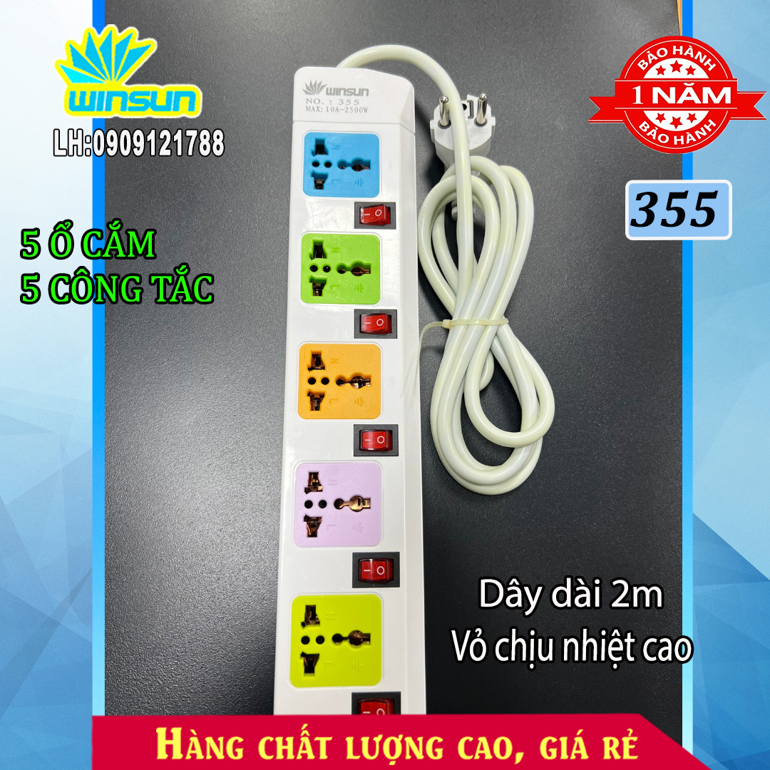 Ổ cắm điện đa năng, ổ cắm điện 5 công tắc, 4 ổ cắm, 2*usb dài 2 mét 355u winsun