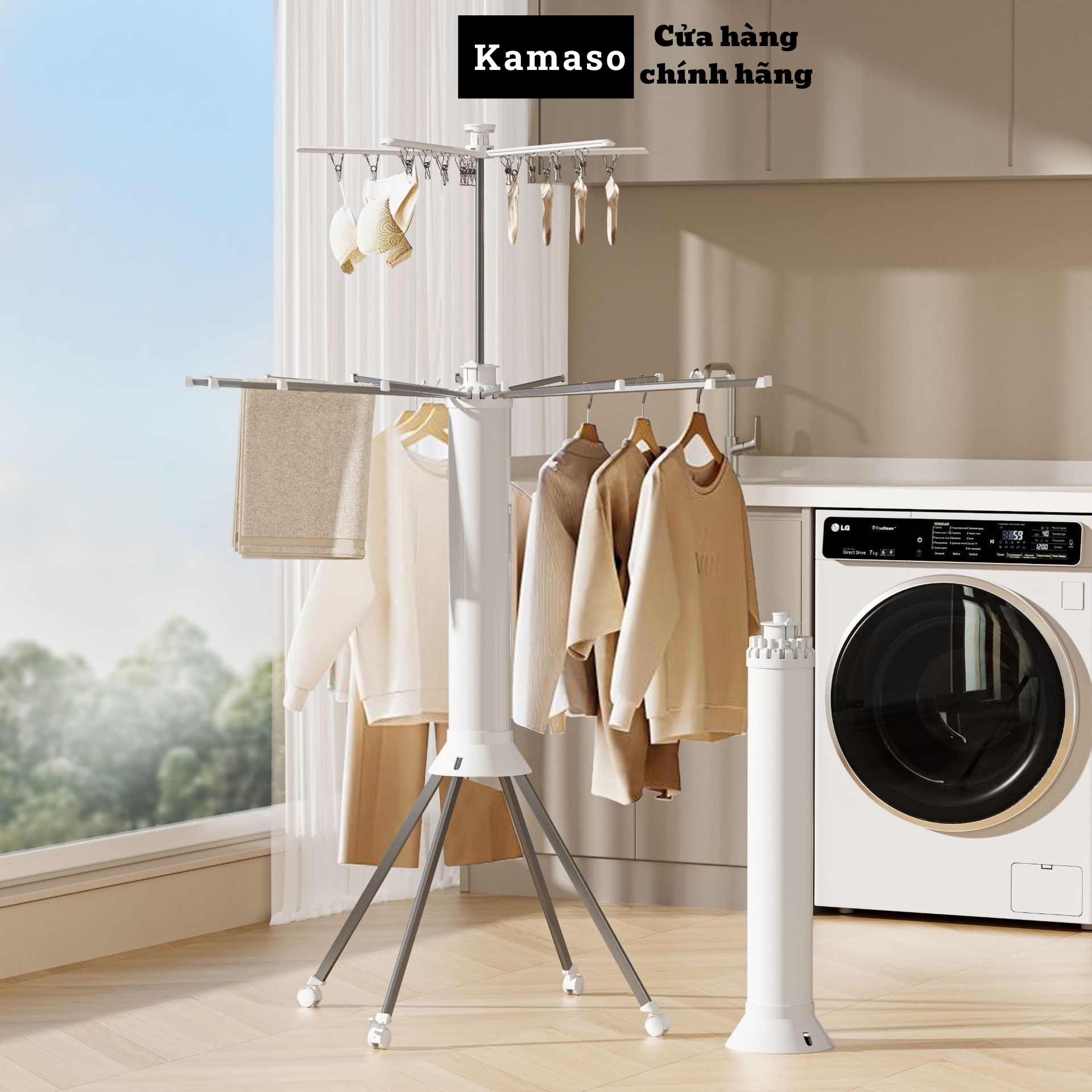 Giàn phơi quần áo đa năng gấp gọn Kamaso thép cacbon 2 tầng, treo đồ cho trẻ em, bé sơ sinh xoay 360 độ