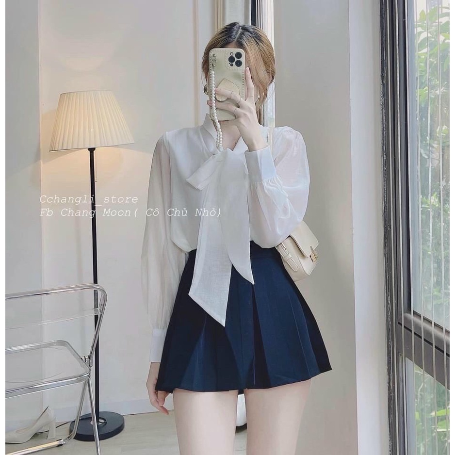 Áo sơ mi nữ cột nơ 2 màu trắng be 2 lớp