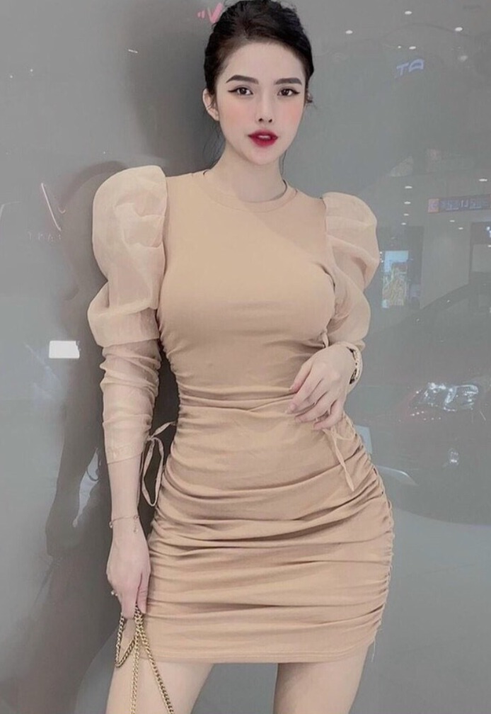 Đầm body tay dài voan kiếng cổ tròn xinh xắn