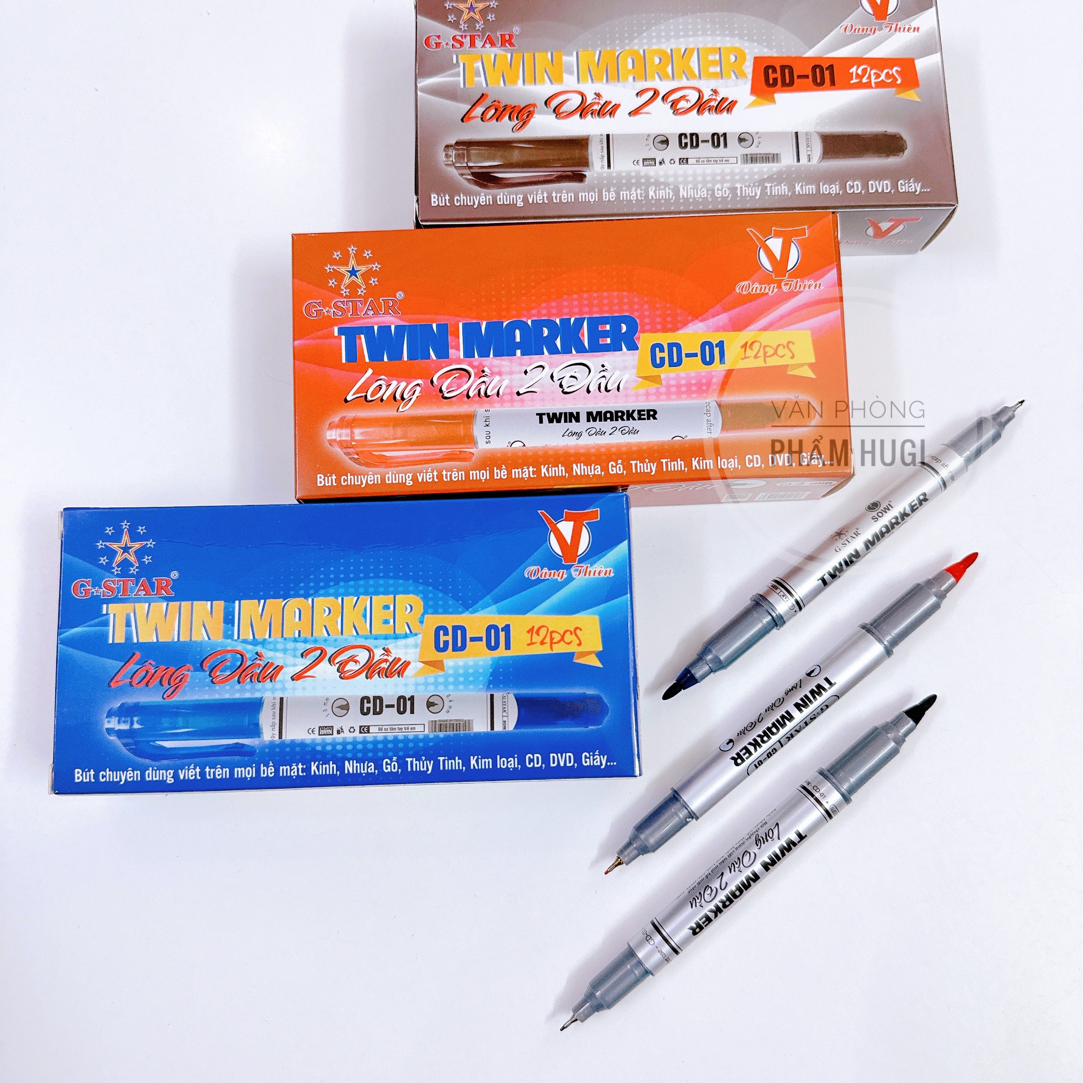 SET 2 Cây Bút Lông Dầu Kim 2 Đầu Gstar CD-01 (Xanh ,Đỏ, Đen)