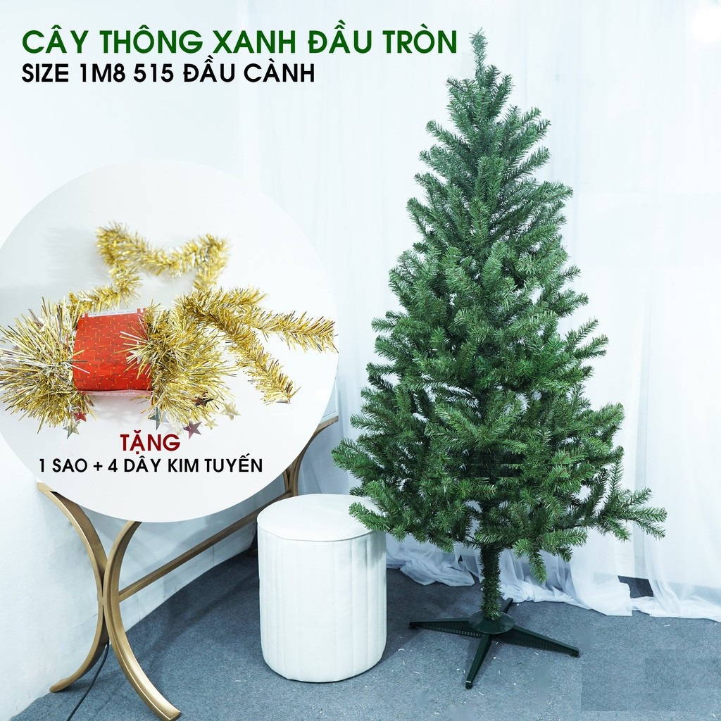 Cây thông noel 1M8 XANH TRƠN tặng kèm ngôi sao đỉnh và dây kim tuyến