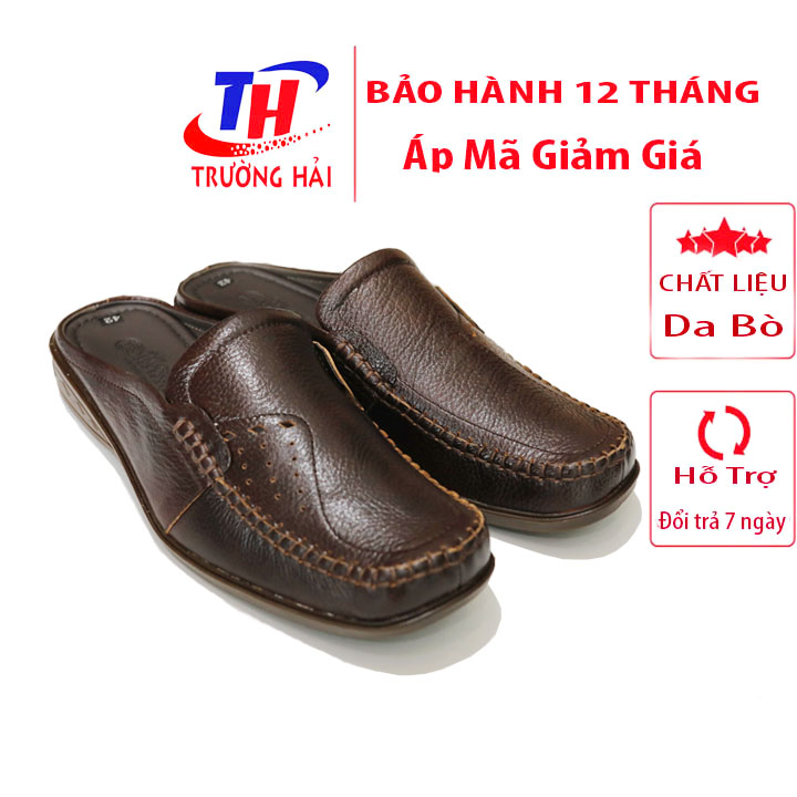 Giày Sabo Nam bít mũi màu đen da bò may mọi Trường Hải đế không trơn BM0218