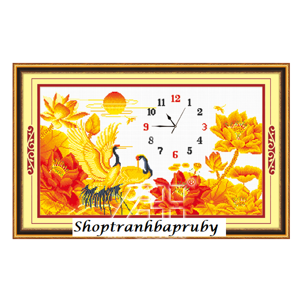 Tranh thêu Hạc Vàng đồng hồ 56726 kích thước 75 x 47 cm