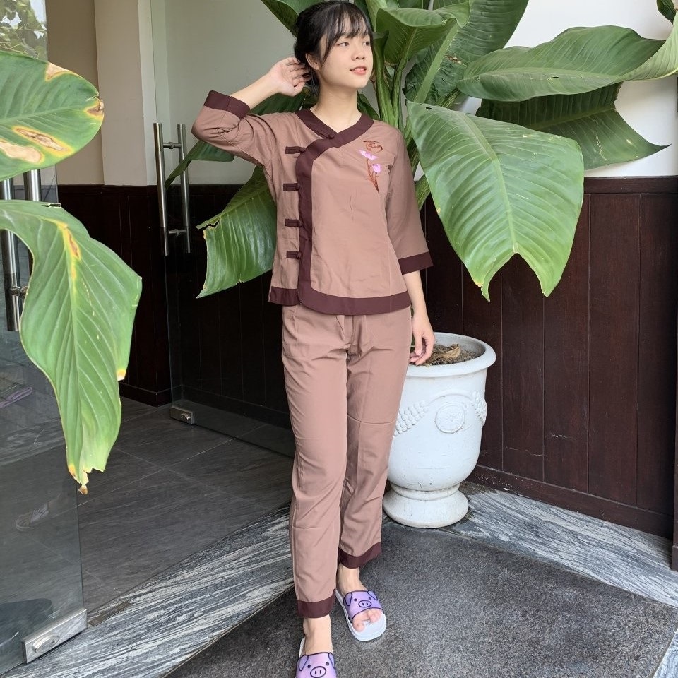 Bộ đồ mặc nhà quần áo nữ phật tử, đồ lam phật đi chùa thêu hoa văn mẫu ka20a