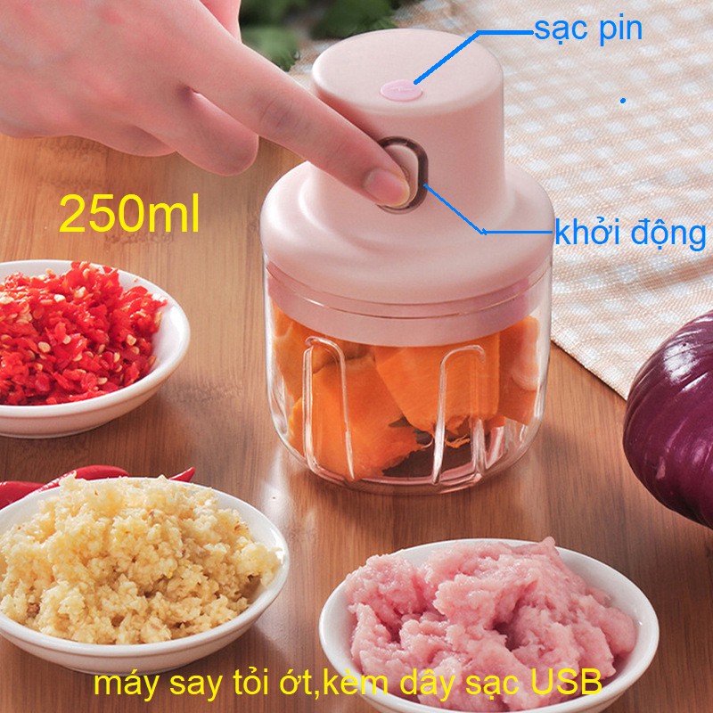 Máy xay tỏi ớt cầm tay bằng điện đa năng 250ml có cổng sạc pin USB