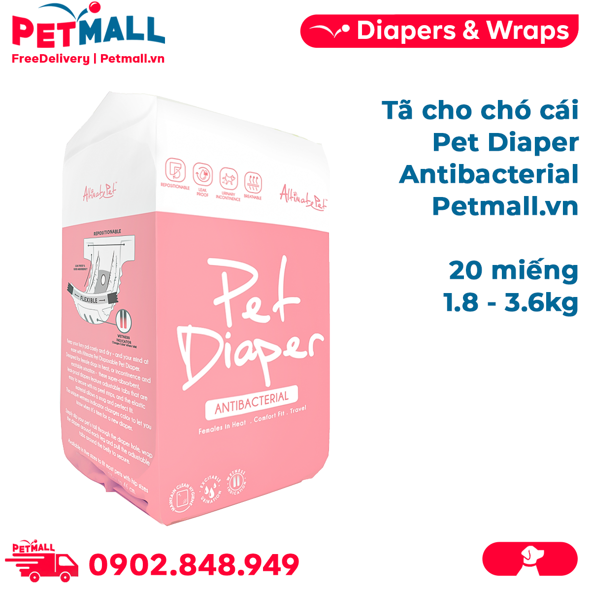 Tã cho chó cái pet diaper antibacterial - 20 miếng | 1.8 - 3.6kg petmall