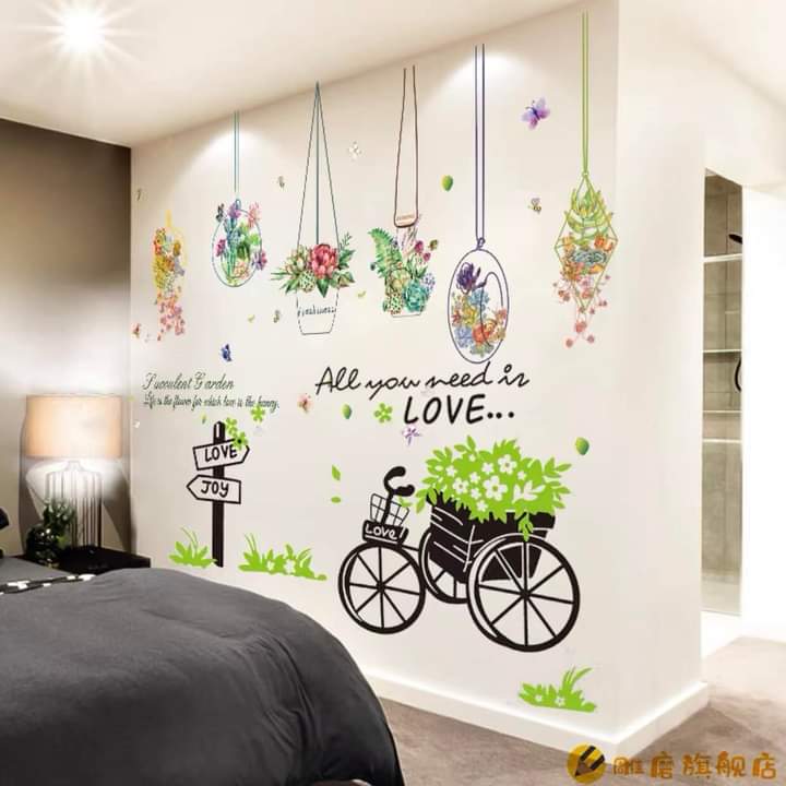 [HCM]DECAL DÁN TƯỜNG GIỎ HOA VÀ XE ĐẠP XANH