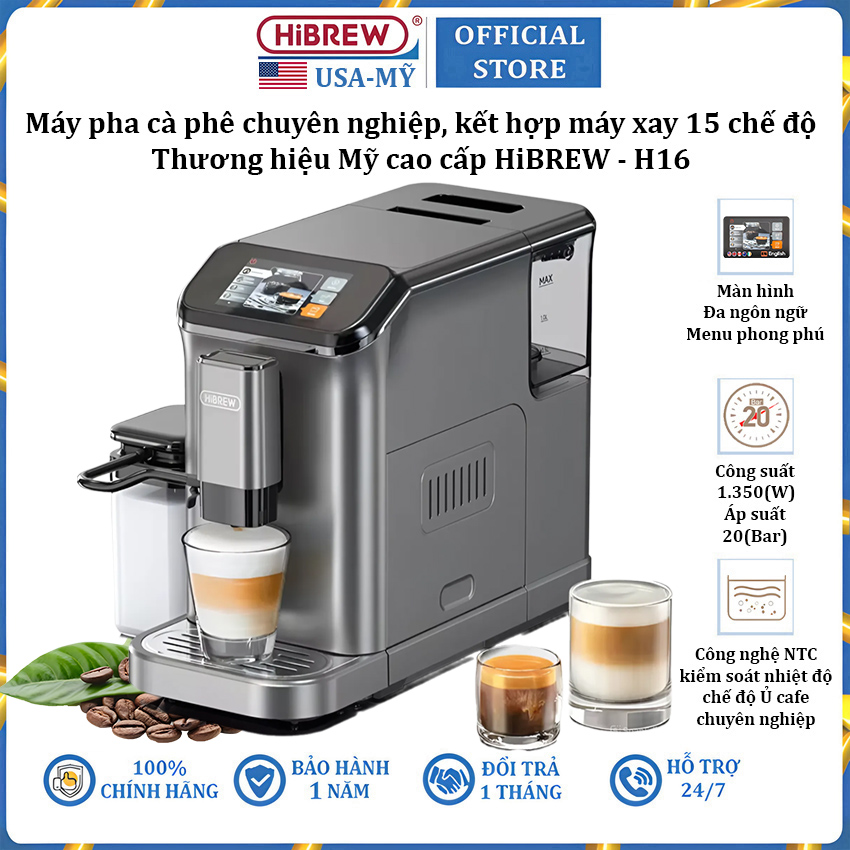 Máy pha cà phê tự động chuyên nghiệp dùng cho quán cà phê, nhà hàng và khách sạn HiBREW H16 - Menu 6 loại thức uống - Bảo Hành 12 Tháng