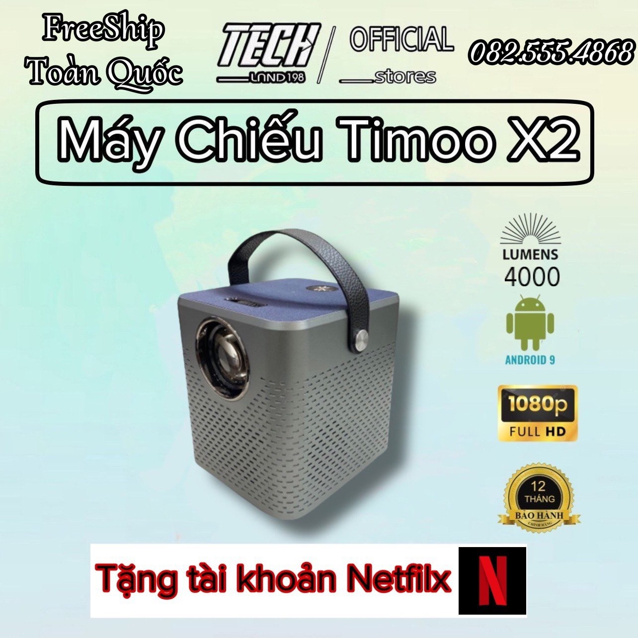 Máy chiếu mini timoo x2 full hd 1920x1080hd tích hợp hệ điều hành android 9.0 với độ sáng cao 4000 lumen
