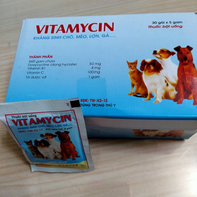 10 gói VITAMYCIN 5g dùng khi chó mèo bị ỉa chảy, kiết lỵ, nôn, mửa, viêm phổi
