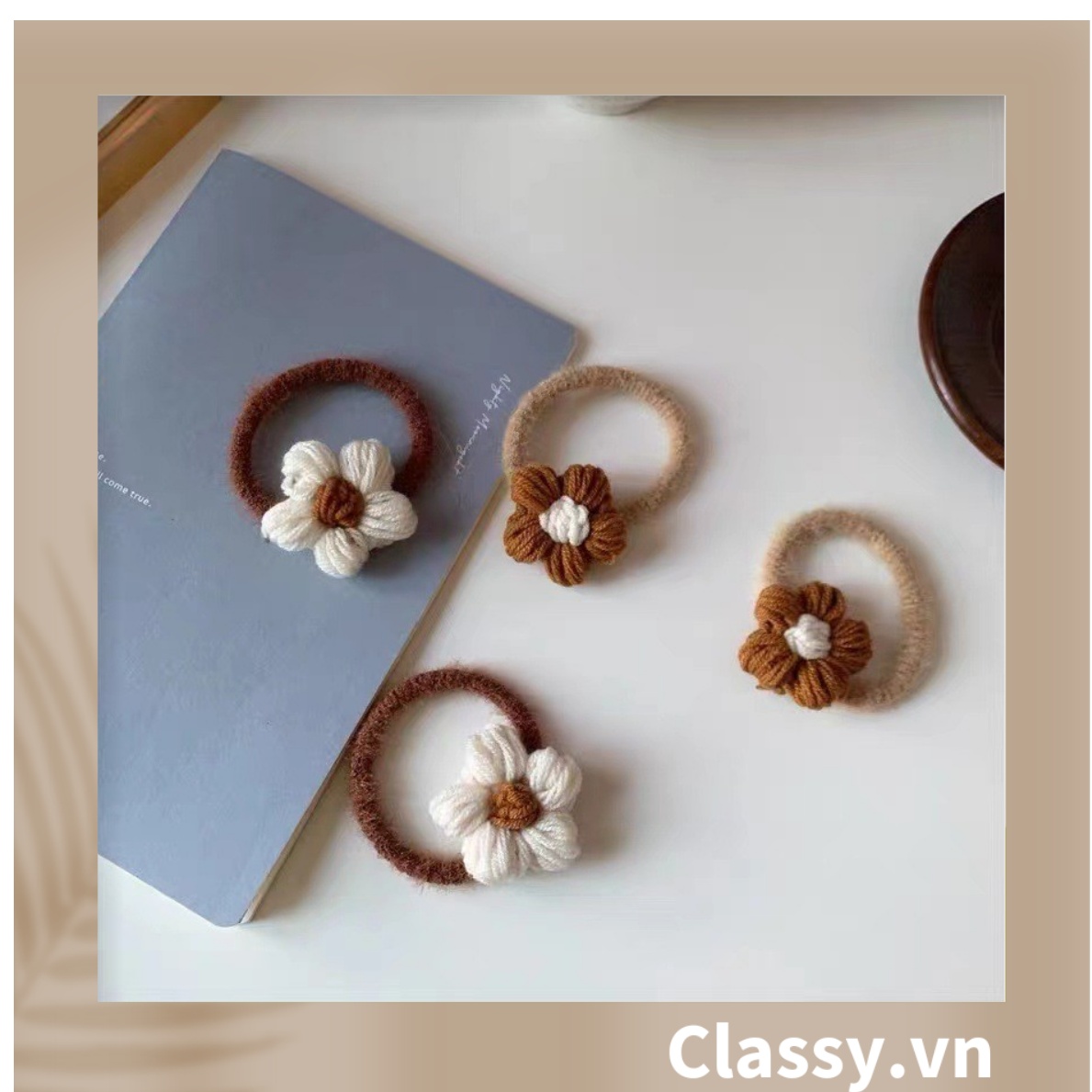 Classy Dây Cột Tóc Đính Hoa Bằng Len Phong Cách Hàn Quốc