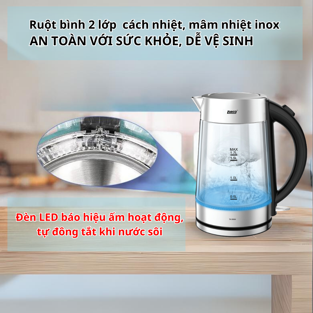 Ấm Đun Siêu Tốc LORCA TA 3006A 1,7 lít nấu nhanh, tiết kiệm điện, an toàn phù hợp với gia đình | Lazada.vn