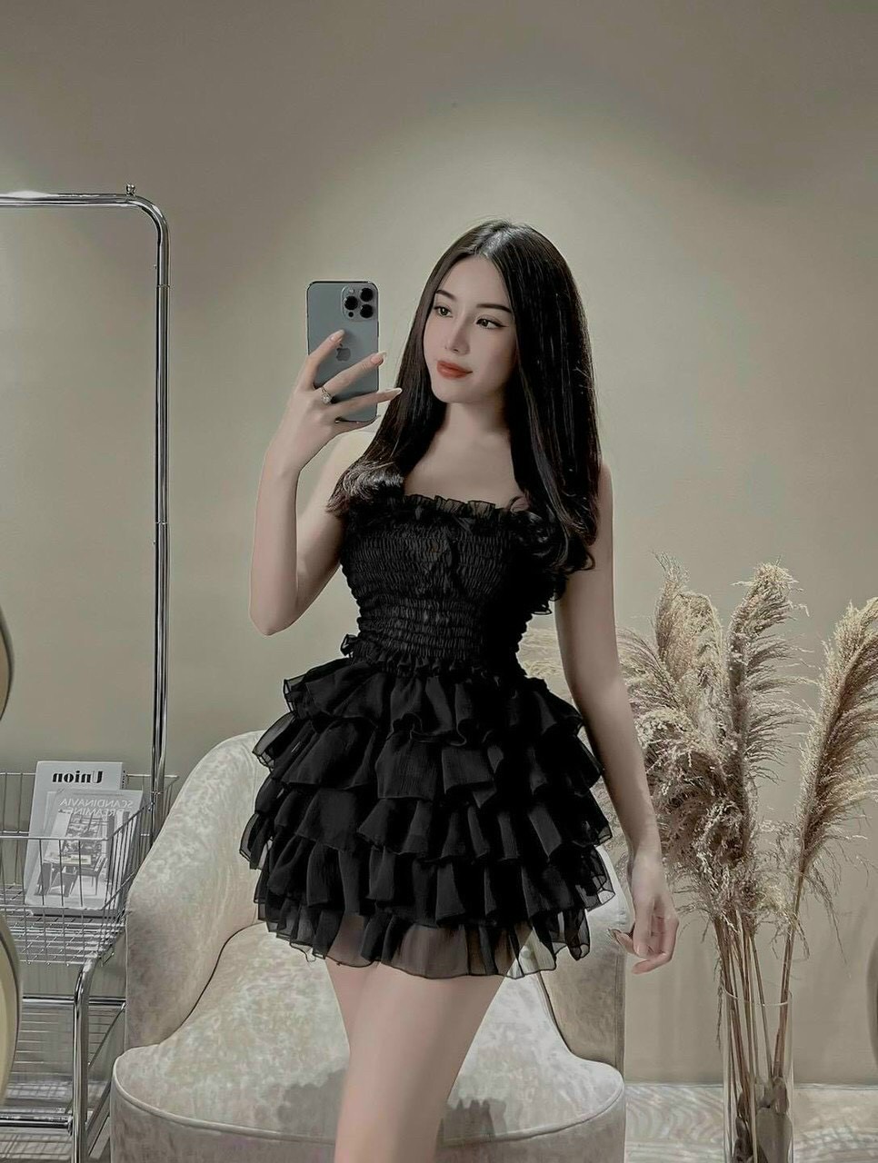Sét áo chạy nhún kèm chân váy voan kiểu nhiều tầng TH