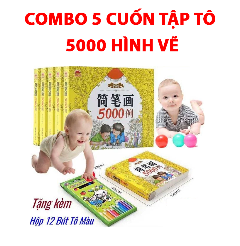 Combo 5 cuốn vở tập tô màu 5000 hình tặng 12 bút chì màu cho bé thỏa sức sáng tạo ,Bộ sách tô màu 5000 hình, Hình ảnh có tất cả các chủ đề hoa quả, con vật, đồ vật, con người - Guty Home